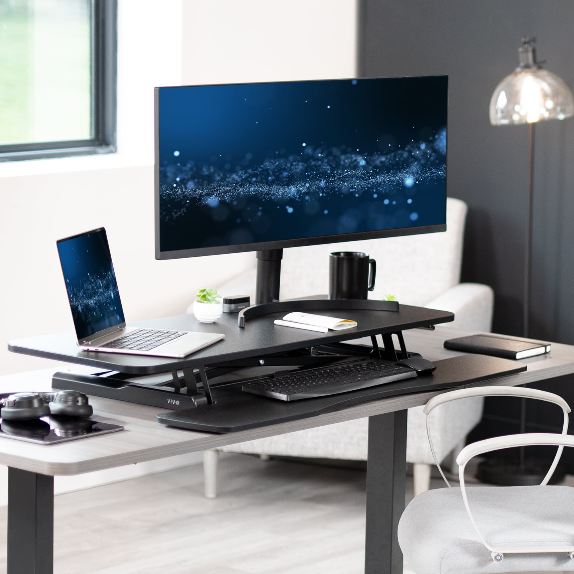VIVO Black Height Adjustable 42" Standing Desk Monitor Riser, Sit Stand Tabletop