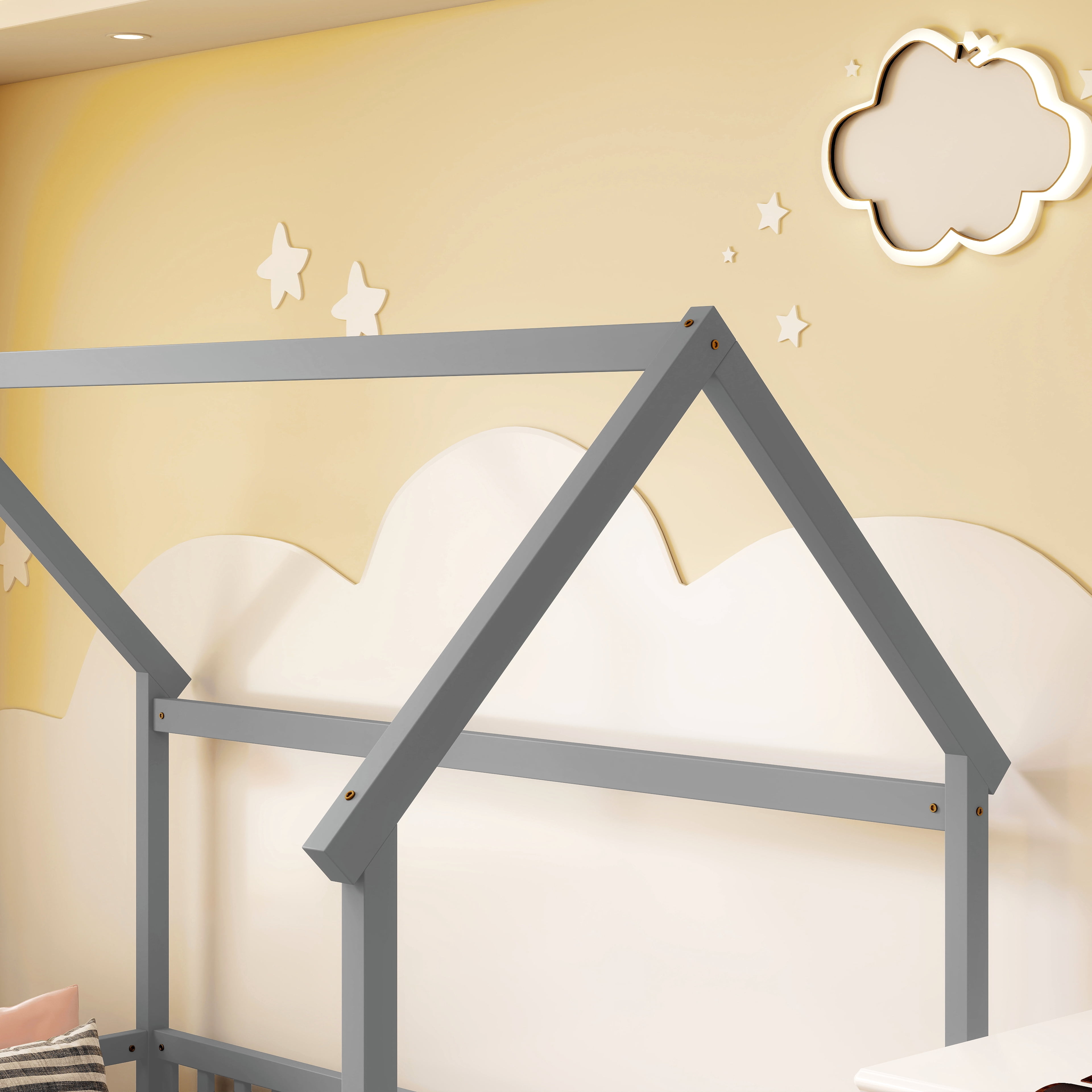 Twin Size House Floor Bed with Roof Frame, Pine Wood Floor Bed with Safety Guardrails, Grey