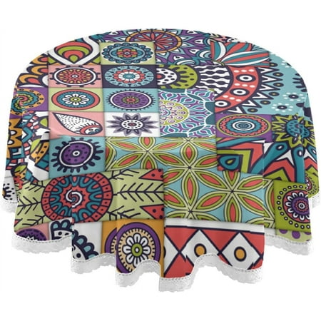 

SKYSONIC Ethnic Mandala Flower Plaid Round Tablecloth 60In Table Cover Water Resistant Spill Proof Large Table Cover for Indoor & Outdoor Family Gathering Dinner Hotel BBQ