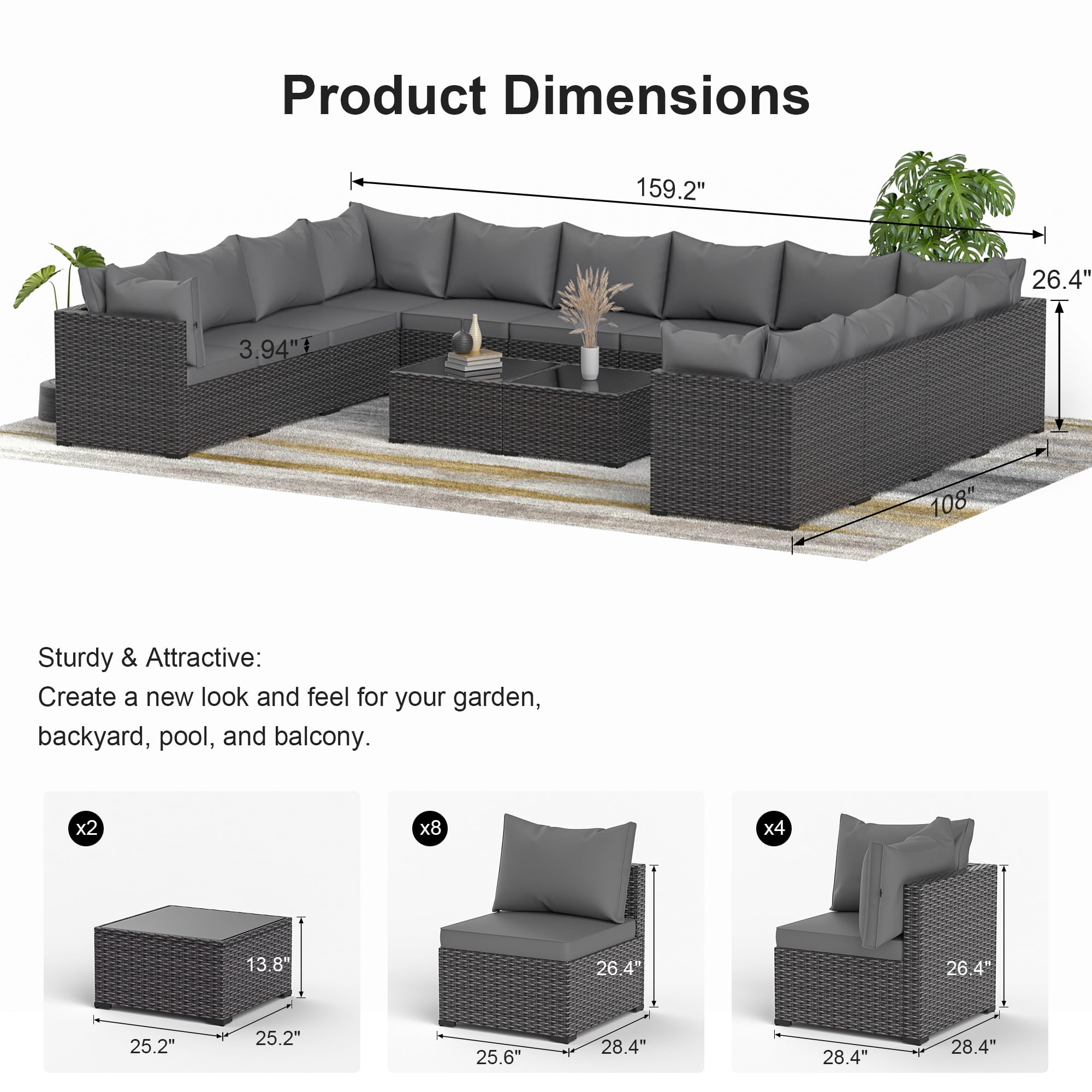 Phonjoroo Patio Furniture Set 14 Pieces Outdoor Patio Furniture Wicker Sectional Furniture Sofa Conversation Sets with Cushions All Weather Outside Patio Seating, Gray