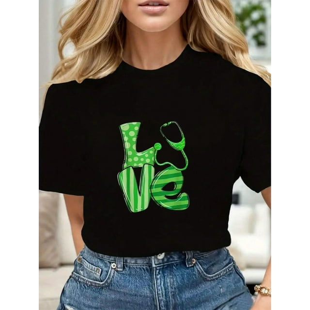 LOVE St. Patrick's Day Fashion Tee Women Cotton Soft Stylish Casual Short Sleeve Crew Neck Top