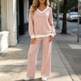 thumbnail image 5 of Enjoytime Lounge Sets for Women Striped V Neck Long Sleeve Top Wide Leg Pants 2 Piece Outfits Soft Loose Casual Plus Size Matching Set, 5 of 6
