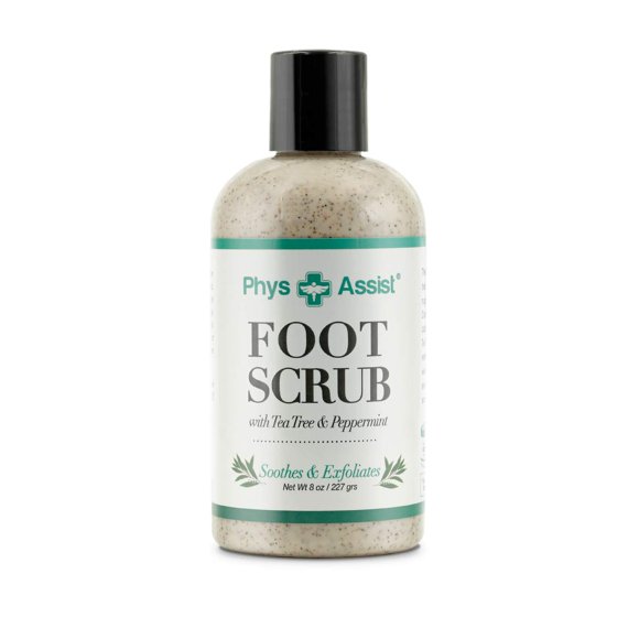 Exfoliante para pies PhysAssist 8 oz. con árbol de té, menta, calma y exfolia, promoviendo una sensación de enfriamiento profundo, dejando los pies con una sensación de calma y frescura.