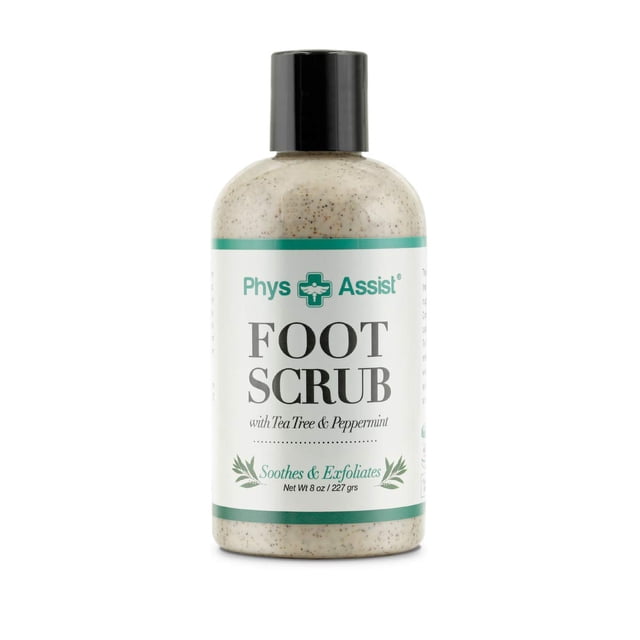 Exfoliante para pies PhysAssist 8 oz. con árbol de té, menta, calma y exfolia, promoviendo una sensación de enfriamiento profundo, dejando los pies con una sensación de calma y frescura.