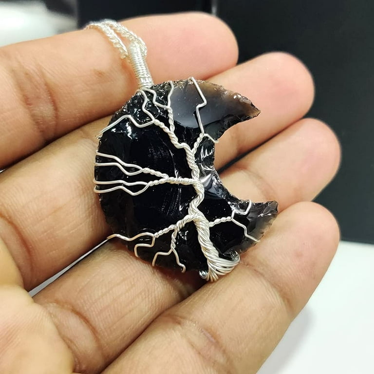 Black Obsidian Moon Necklace Wire Wrapped Healing Jewelry Gift Handcrafted Accessories By Orgonite Shop