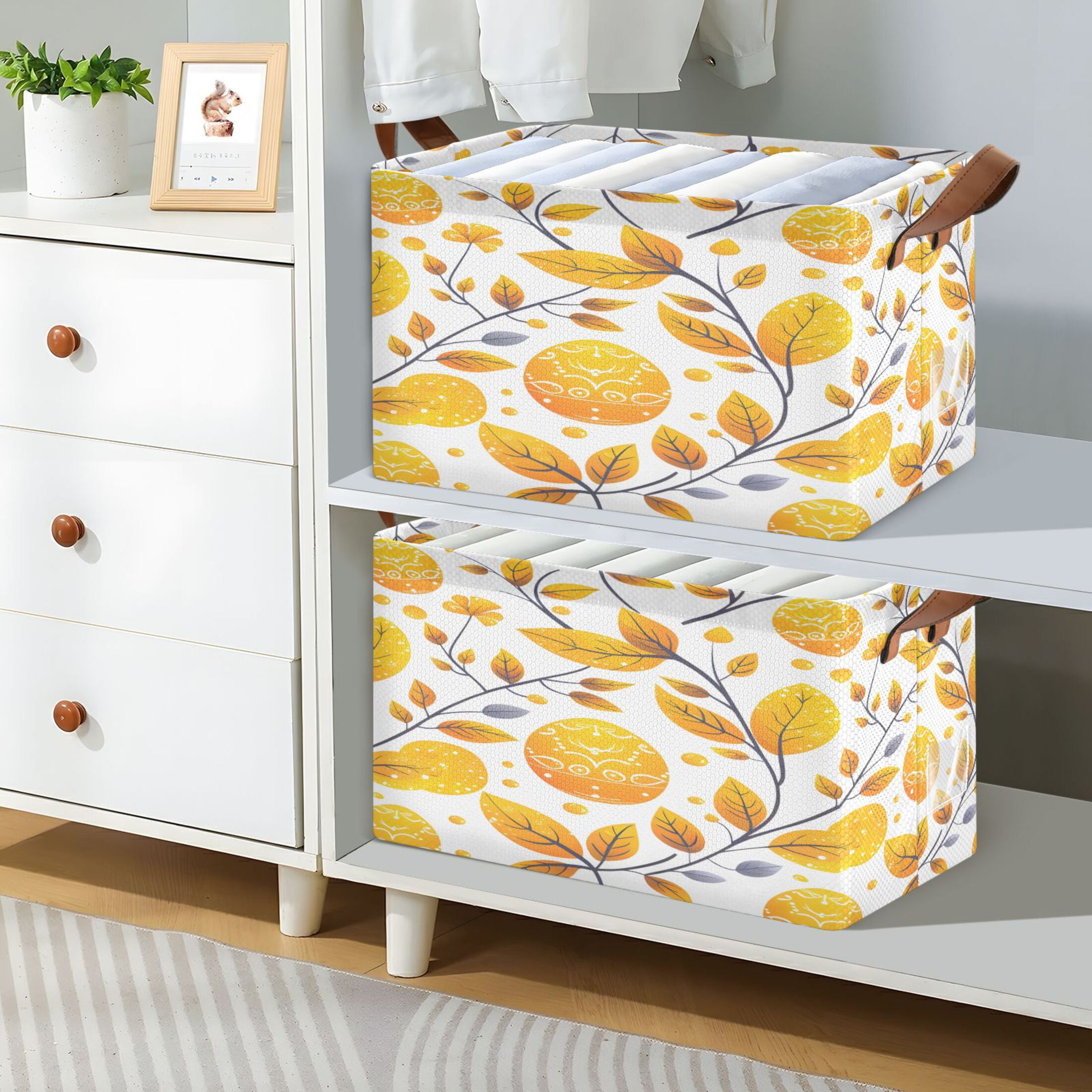 Ryvnso Easters Egg and Leaves Storage Bins Large Basket Foldable Cube Toys Organizer with Handles 2 PCs