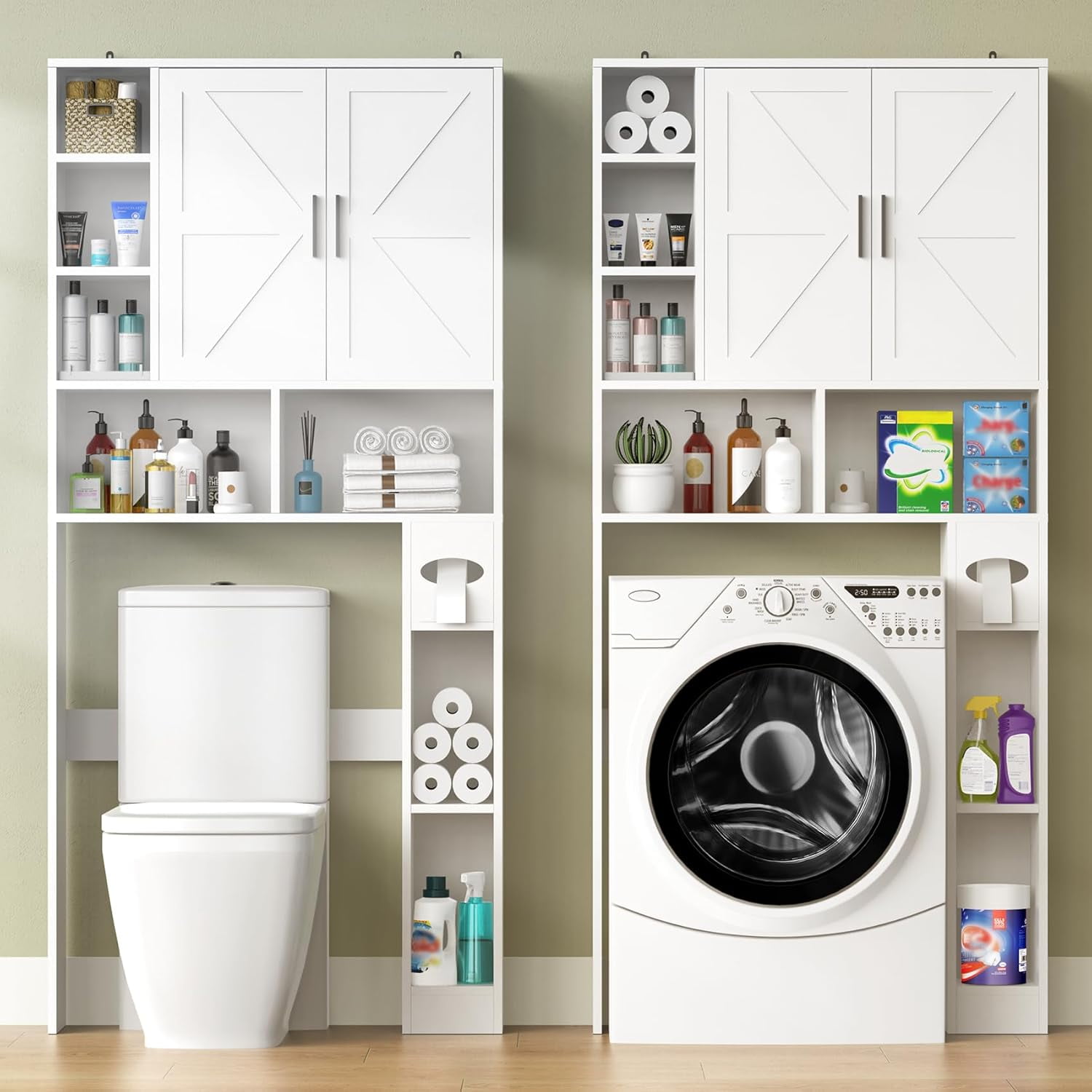 Frmobepts Over The Toilet Storage Cabinet with Toilet Paper Holder Stand, Above Toilet Organizer with Doors, Behind Toilet Shelf for Restroom, Bathroom, Laundry, White