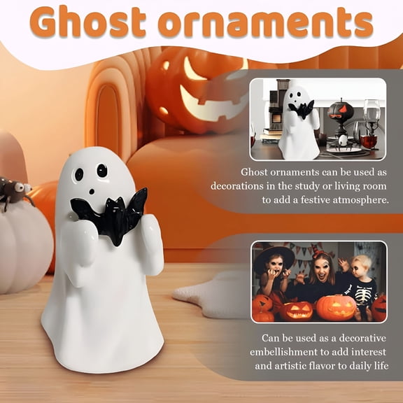 ACDANC 2026 New Halloween Ghost with Bat Ceramic Figurine,Ceramic Ghost Halloween Decorative Figurine Ghost Decor for Home Office Gift for Friend and Family,Halloween Decorations Indoor