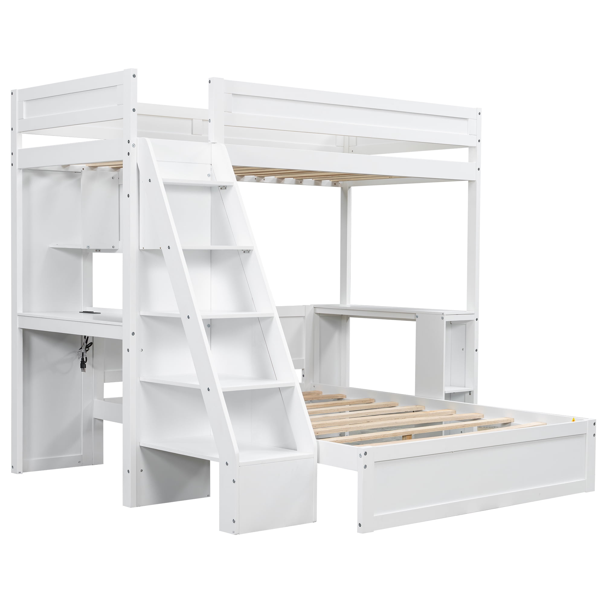 Euroco Wood Twin XL over Full Bunk Bed with Desk, Storage Bed with Shelves and USB Ports, White