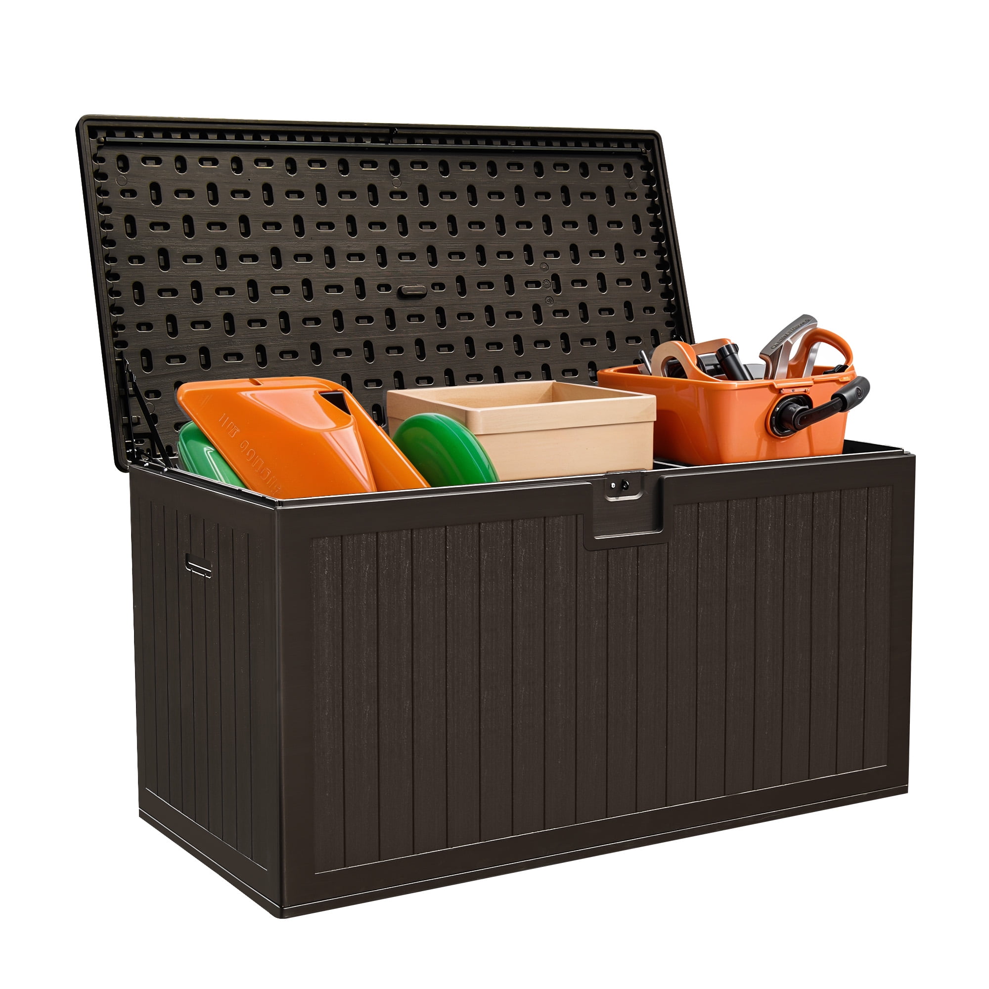 Uforic 230 Gallon Large Deck Box, Outdoor Weatherproof Resin Storage Box with Flexible Divider, Waterproof & Lockable, Brown