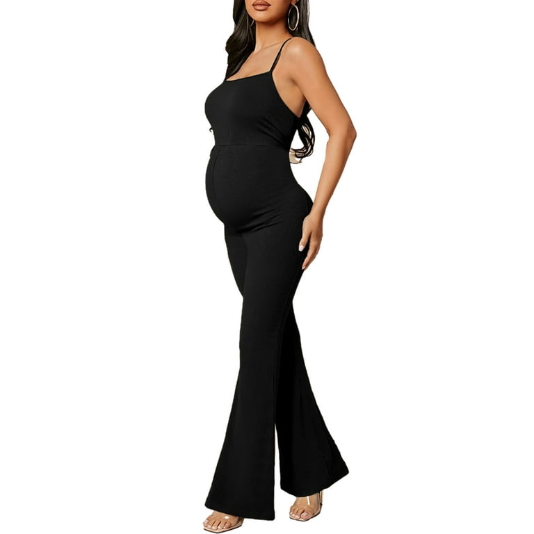 Eyicmarn Maternity Flared Leg Jumpsuits Solid Color Summer Spaghetti Strap  Sleeveless Romper for Women Cute Pregnancy Clothes