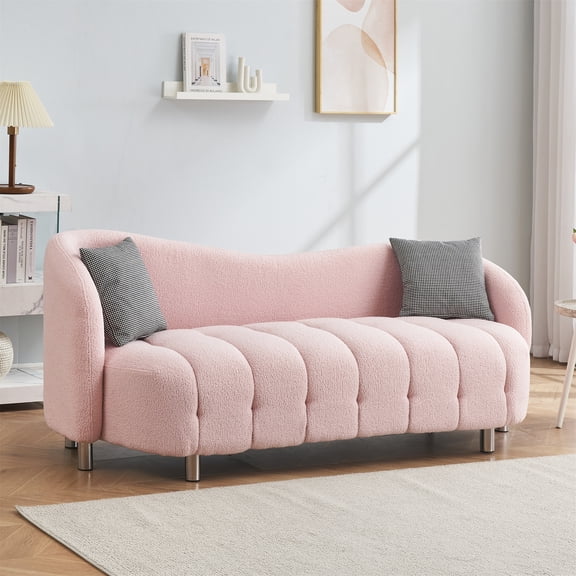 Aukfa 72" Modern Comfy Sofa, Deep Seat Loveseat Couch for Home Office, 2 Pillows, Teddy Fleece Pink