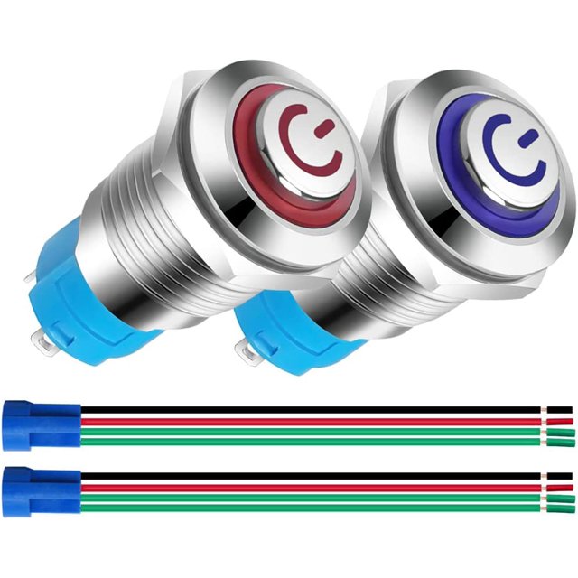 2 Pack 12mm 12V 24V 3A Interrupteur à Bouton-Poussoir en Acier Inoxydable à Verrouillage Automatique avec Symbole de Puissance LED, Ouverture Normale Étanche avec Prise de Courant (Bleu+rouge, Tête en Haut)