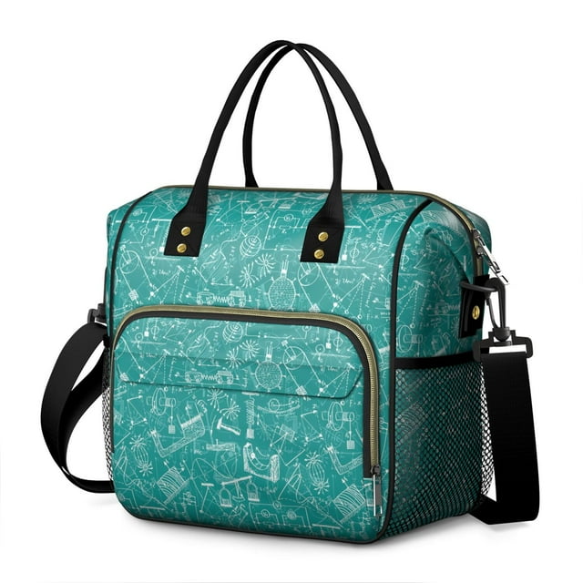 Laboratory Science Design Large Insulated Lunch Bag – Leakproof Dual Compartment Cooler Tote Adjustable Strap Multi pocket Organizer for Work and Study