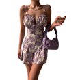 thumbnail image 2 of Women's Summer Suspender Jumpsuit Floral Print Ruffled Edge Tie V-neck Sleeveless Short Romper, 2 of 5