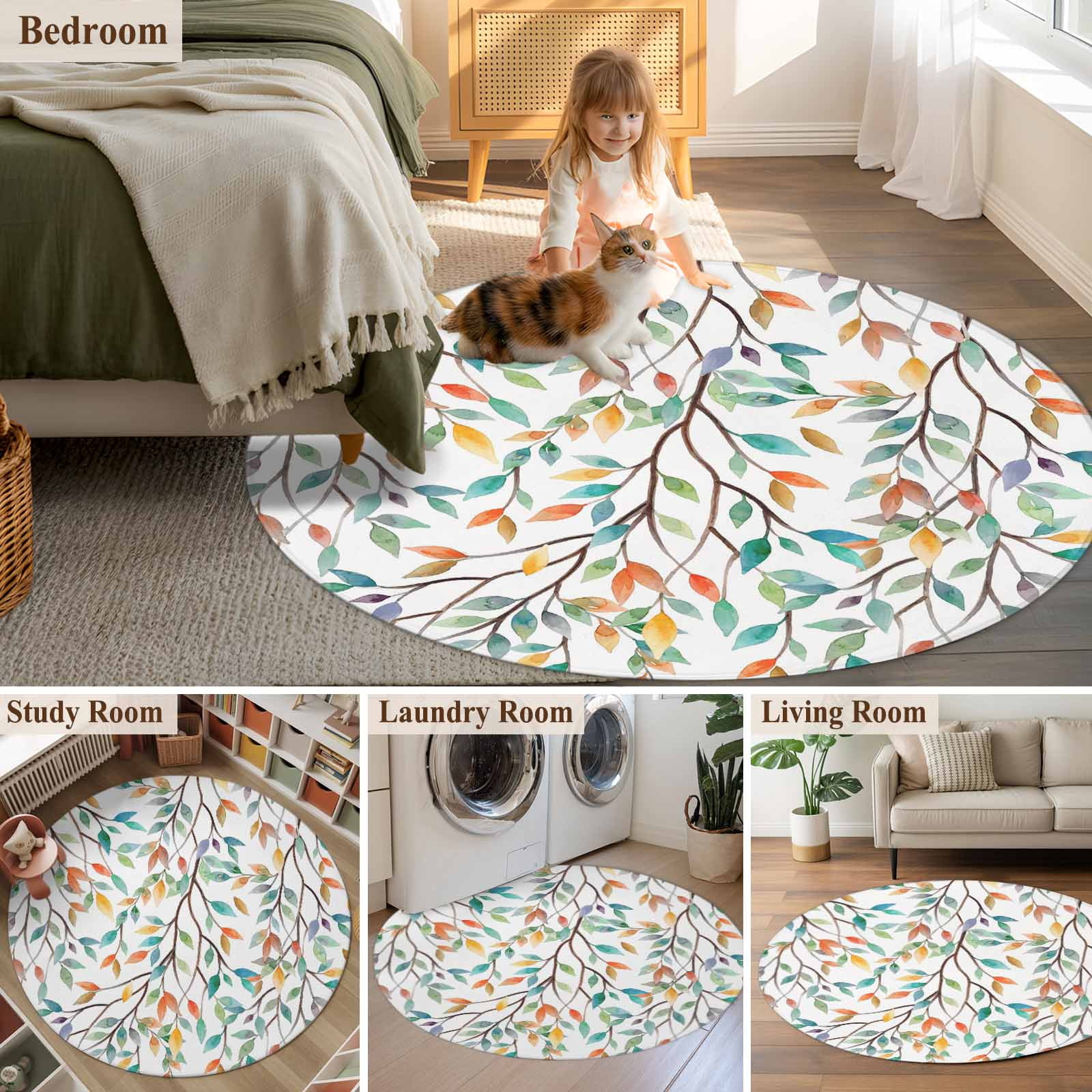 Round Rug 3.3Ft Washable Non-Slip, Teal Orange Eucalyptus Circle Area Rugs for Living Room Bedroom, Weeping Botanical Leaves Indoor Floor Mats Carpet Runner for Home Decor Aesthetic