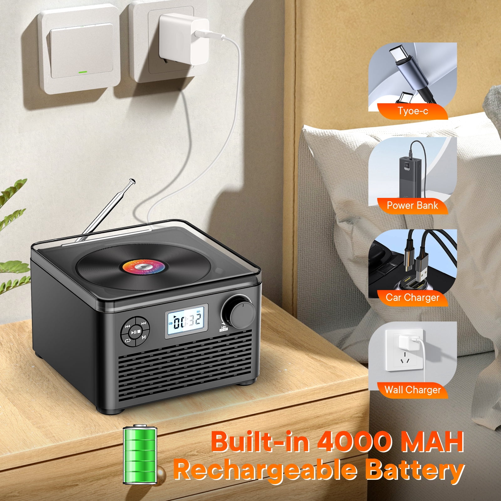 Kuephom Portable CD Player with Radio FM,Rechargeable CD Player with Speakers and headphones,Boombox CD Player Bluetooth with USB/MP3,use friendly for elderly and  teenager,charger included