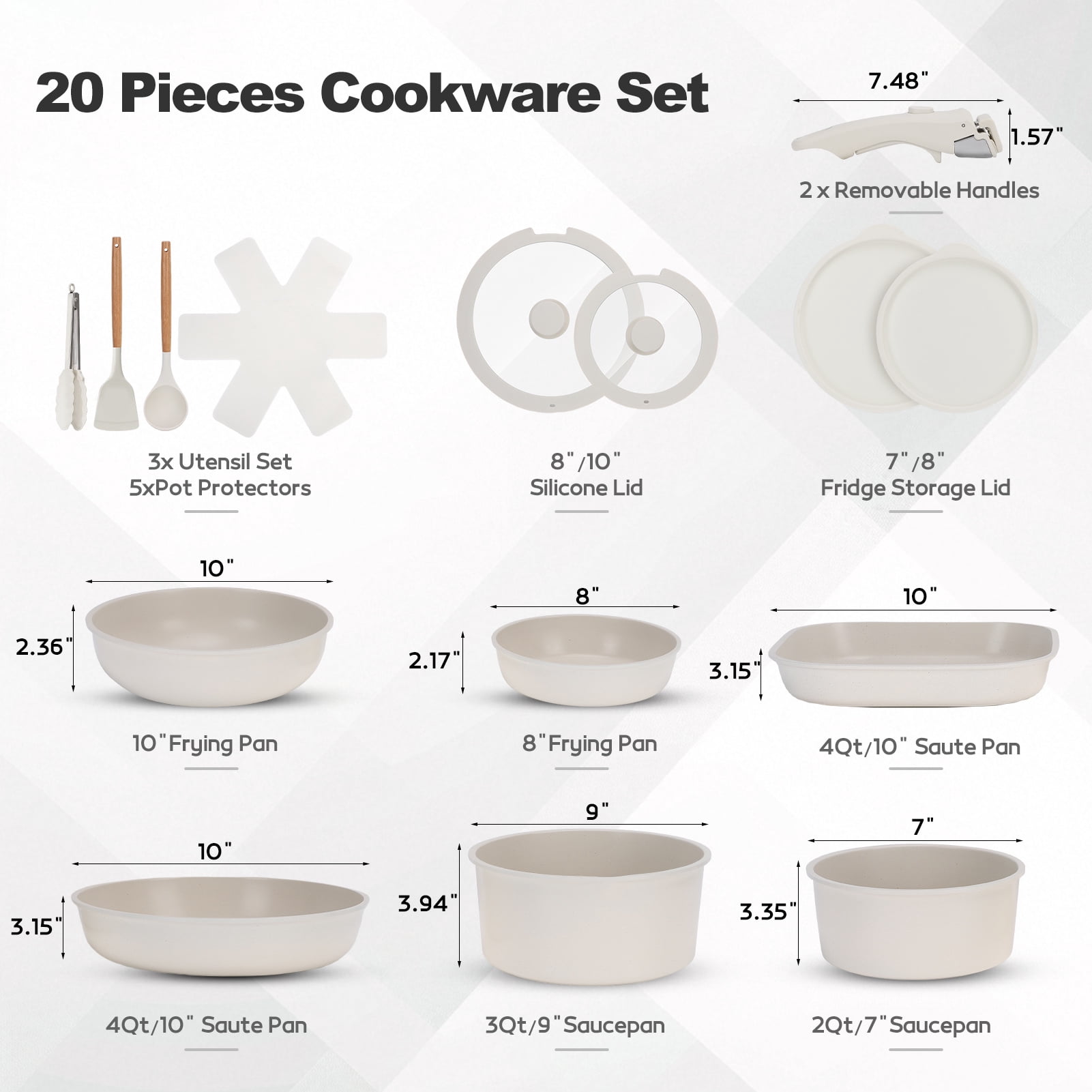 20 Piece Ceramic Pots and Pans Set Non Stick, Cookware Set with Detachable Handles, Oven Safe, Induction Ready, Stackable RV Kitchen Cooking Set, Cream White