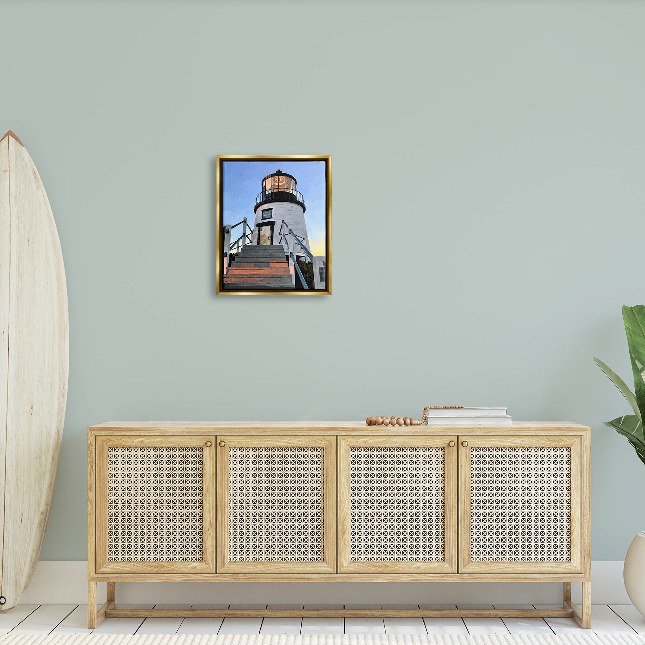 Coastal Lighthouse Beacon Coastal Graphic Art Metallic Gold Framed Art Print Wall Art