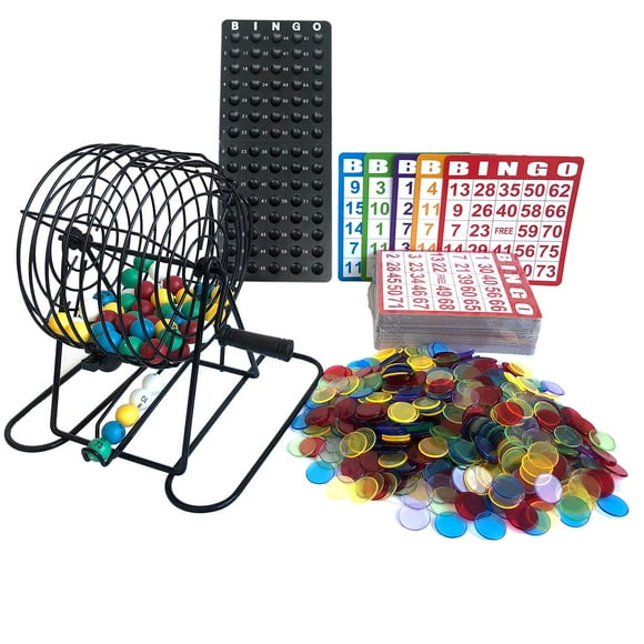 Juego de bingo Yuanhe Deluxe con jaula metálica, 500 fichas y 100 tarjetas