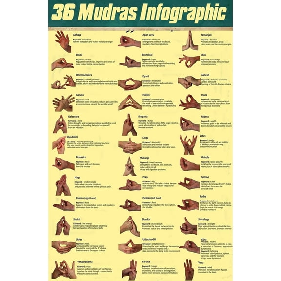 Retro Knowledge Poster, 36 Mudras Infographic,For Men Women for Garage Yard Home Outdoor poster