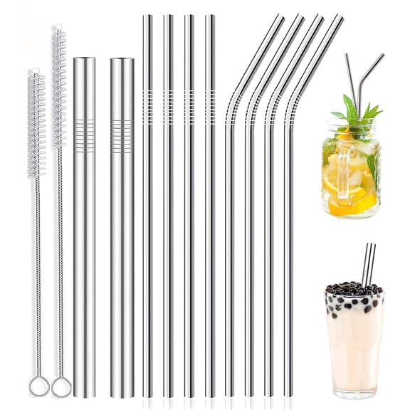 10-pack Reusable Stainless Steel Metal Straws,2 Metal Boba Tea Smoothie Straw,10.5"*6mm Drinking Tumbler Straws with 2 Cleaning Brush and Case silver
