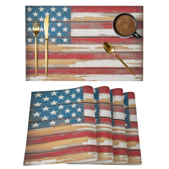 USA Flag Placemats Set of 8 Independence Day Vintage Star Red Stripes Place Mats Indoor Wipeable Table Mats Washable Cloth Dining Table Placemats for Kitchen Holiday Party Home Decor 13x19 Inch