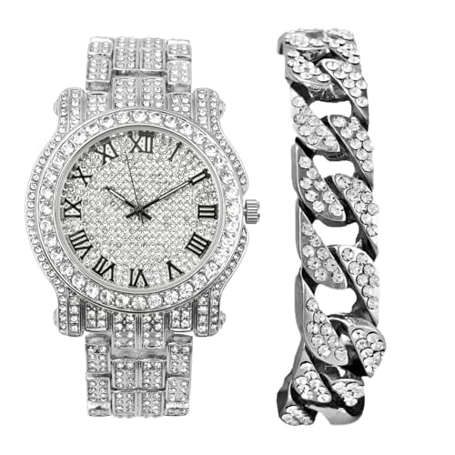 Bling-ed Out Silver Round Luxury Mens Watch w/ Bling-ed Out Bracelet - L0504B (L05054RN SLV #R BLK-C)