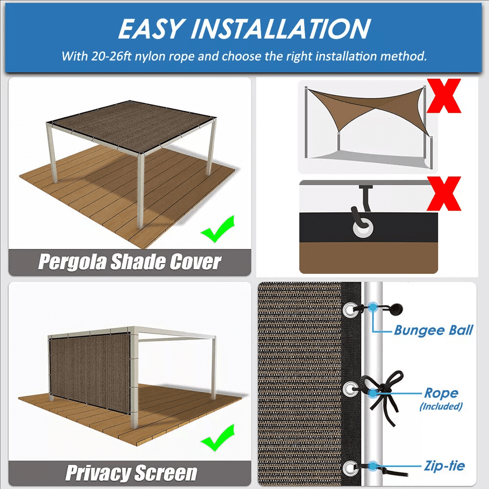 Sun Shade Cloth with Grommets, Privacy Screen Pergola Mesh Cover,  90% UV Protection for Outdoor Canopy Patio Garden