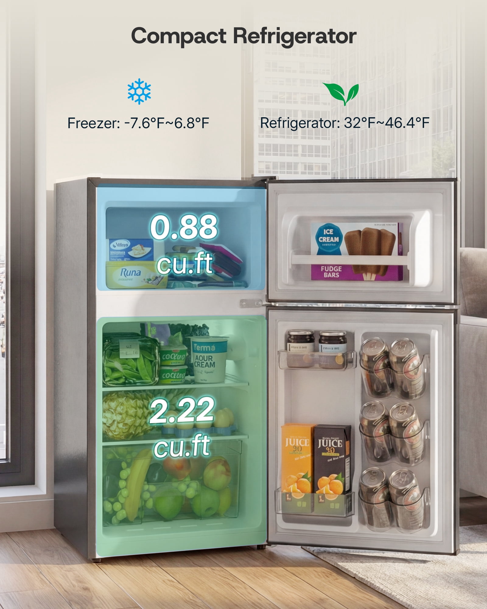 Upstreman 3.1 Cu. Ft Compact Refrigerator with Freezer, Double Door Mini Fridge Cooler Small Refrigerator, Adjustable Thermostat, Energy Star, Low Noise, Black TM31