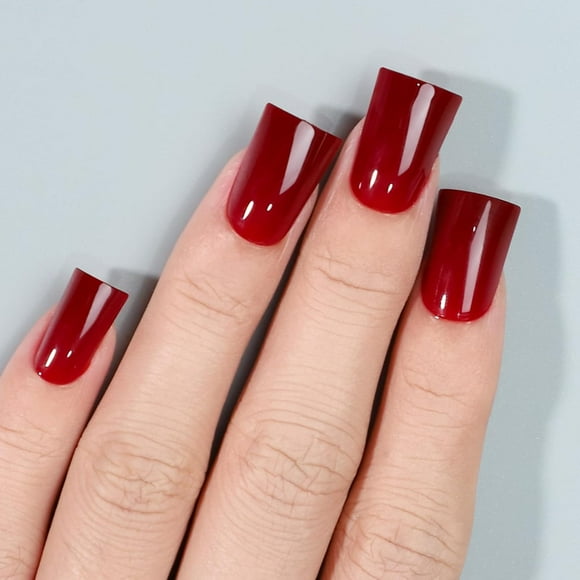 shiyou-32 PCS Maroon Duck Nails Press on- Short Burgundy Fake Nails Quality Solid Glossy Gel Nail, 16 Sizes Glue On Nails Kit, Reusable False Nails with Mini Nail File for Women- Short Burgundy Duck