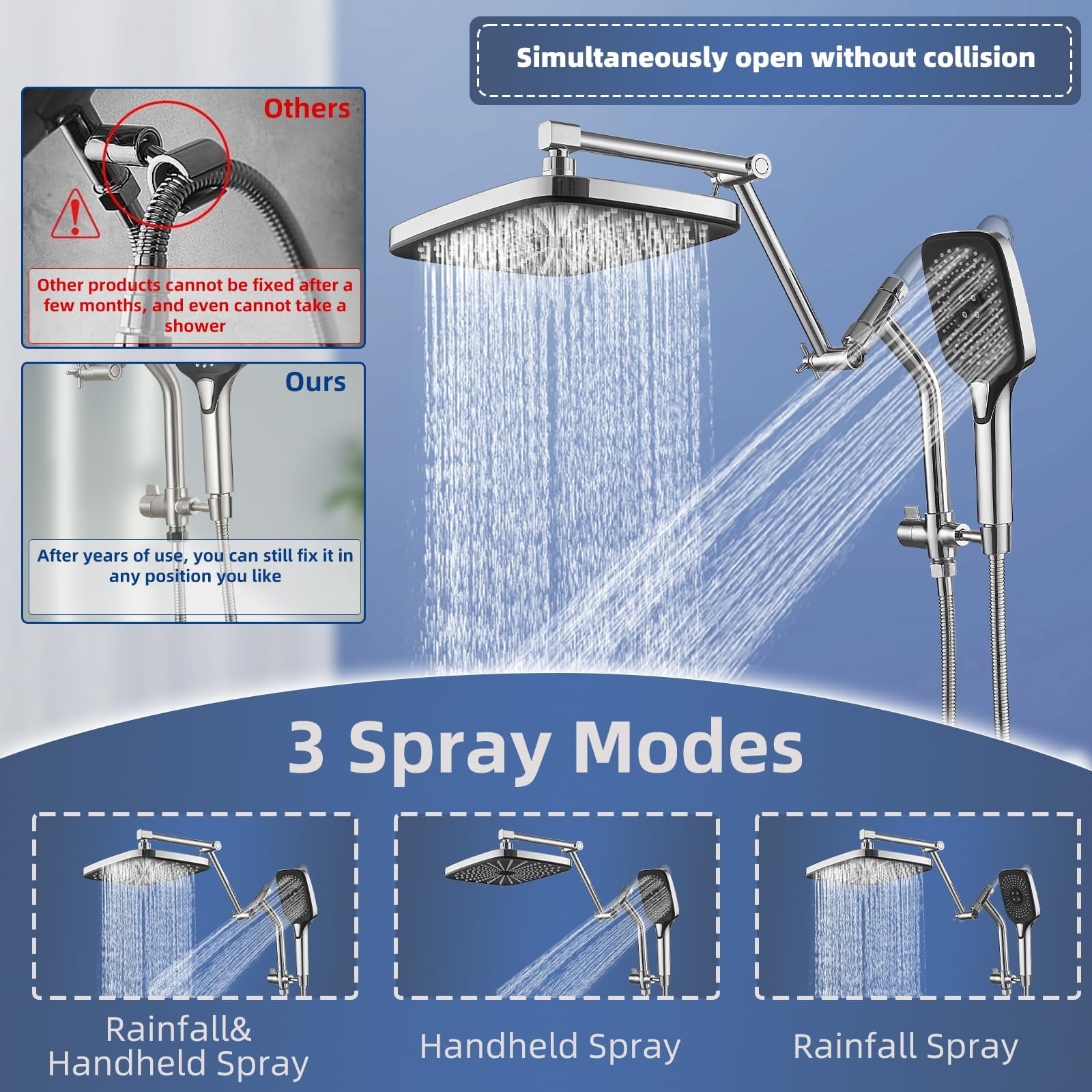 12" High Rain/rainfall Shower Heads With Handheld Spray Combo (3+1 Settings & Built-in Power Wash Mode)  Double/dual Head - Height/angle Adjustable(polished Chrome)