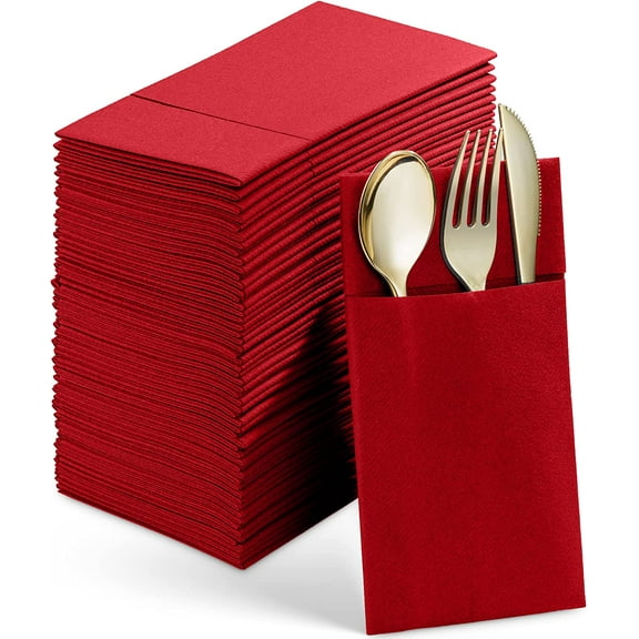 Disposable Linen-Feel Dinner Napkins with Built-in Flatware Pocket, 50-Pack BRIGHT RED Prefolded Cloth Like Paper Napkins For Dinner, Wedding Or Party