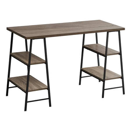 Computer Desk - 3 Tiers / 4 Open Shelves / Sawhorse Style - 48"L ? Dark Taupe Wood-Look / Black Metal