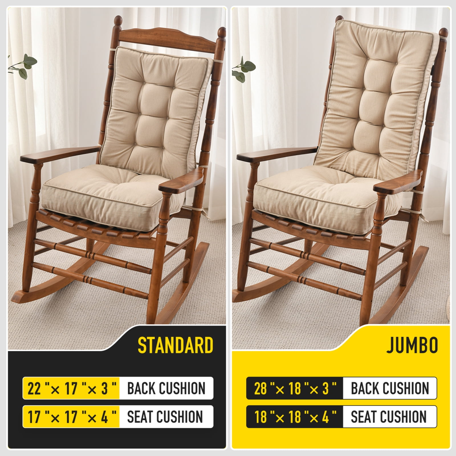 SUNROX Memory Foam Non Slip Rocking Chair Cushion, Set of Seat & Back Cushion with Ties for Indoor/Outdoor Rocker, FadeShield Water Resistant Thicken Durable Tufted Pads, 2 Piece, Husk Birch