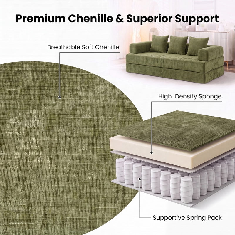 Gewnee 79 Boneless Sofa, Convertible Sofa Bed, Futon Floor Sleeper Sofa Bed with Pillows for Living Room Bedroom, No Assembly Required, Chenille, Green