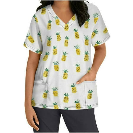 

Funicet Black and Friday Deals Plus Size Tops for Women Scrub Tops Working Uniform Short Sleeve V-neck Nursing Uniform Floral Printed Blouse with Three Pockets