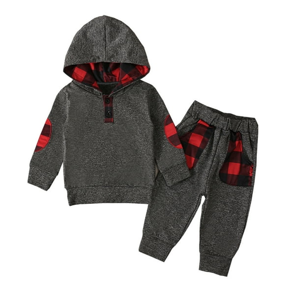 Toddler Boys Casual Outfit Sets Fall Winter Long Sleeve Red Black Plaid Prints Tops Pants 2 Piece Hooded Clothes Size 18-24 Months