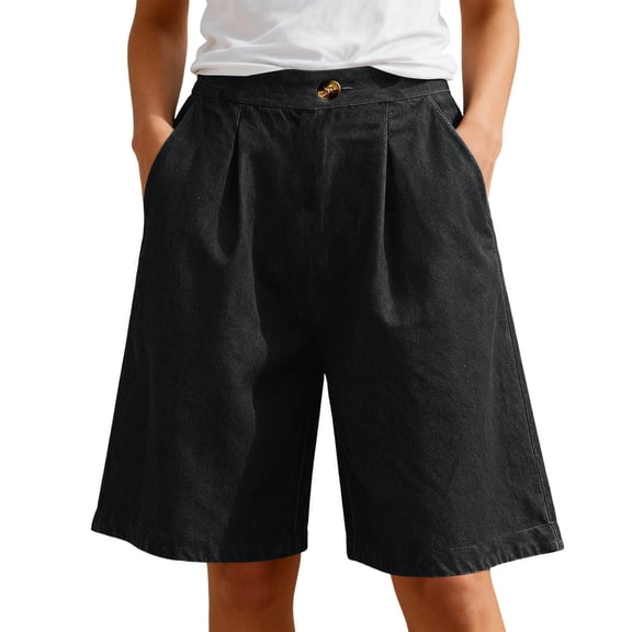 uublik Jean Shorts Womens High Waisted High Waisted Pull On Elastic Waist Stretchy Denim Shorts Wide Leg Jorts Black