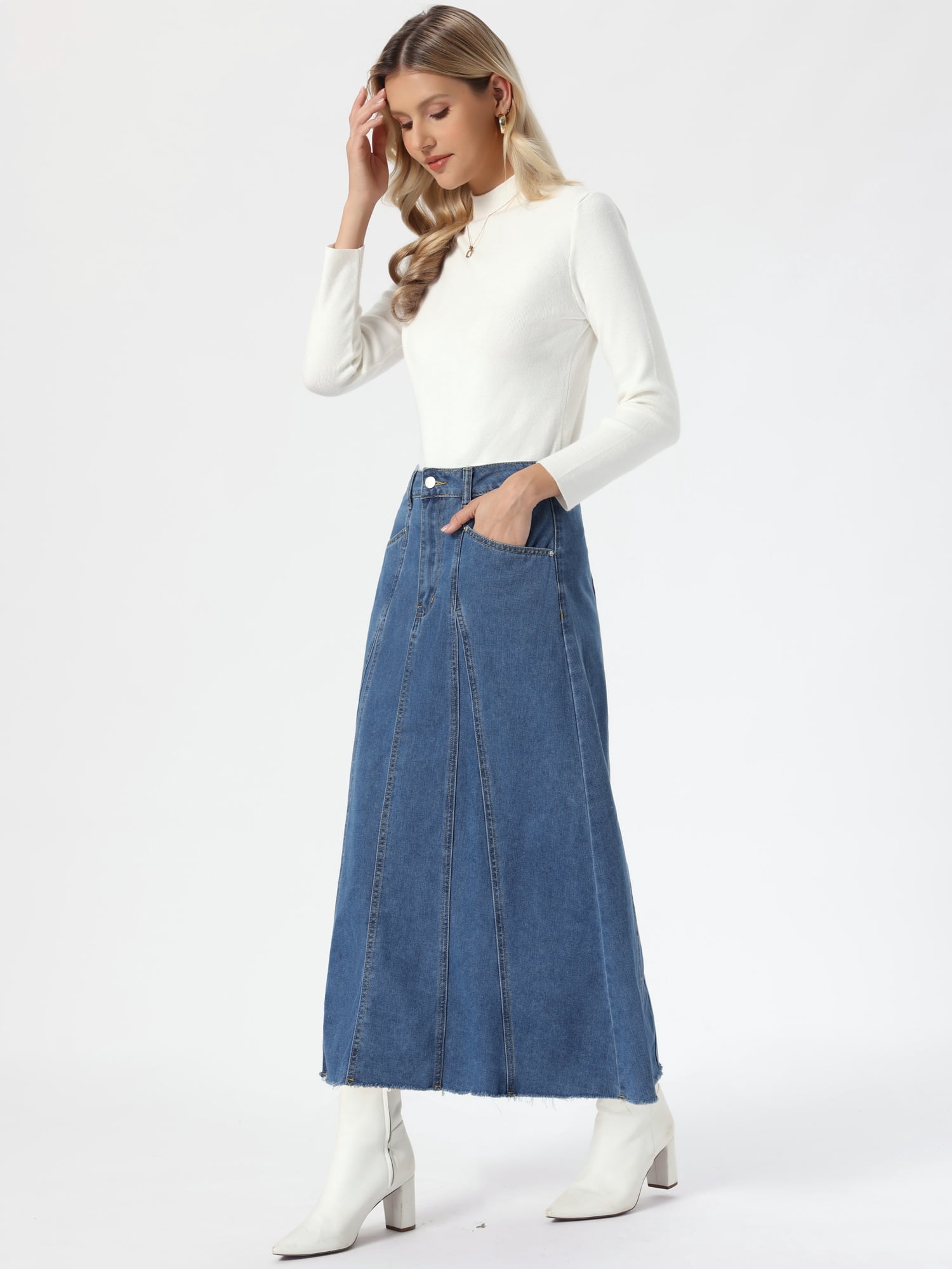 DARING DIVA Women's Denim Maxi Skirt High Waisted Flared Jean Skirts S Blue