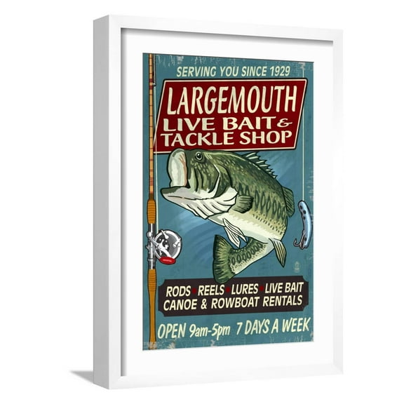 Art.com Large Mouth Bass Tackle - Vintage Sign Art Print by Lantern Press, White Frame Wall Art, 17" x 23"