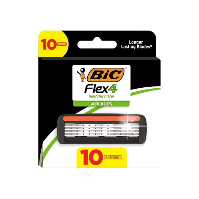 BIC Flex 4 Refillable Razors for Men, Long-Lasting 4 Blade Razor Refills for Sensitive Skin, 10 Razor Cartridges
