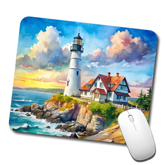 Lighthouse Like Portland Head Maine Watercolor Mouse Pad Low Profile Gaming Mat