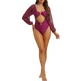 thumbnail image 2 of Bikini de una pieza con escote en V, mangas largas, malla y control de abdomen, color púrpura oscuro, talla mediana, 2 of 5