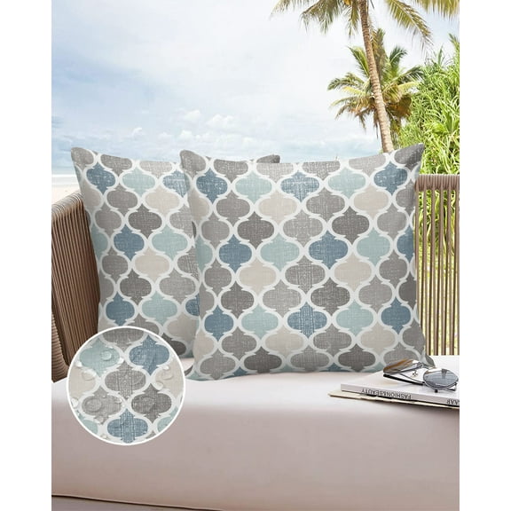 Moroccan Geometric Quatrefoil Plaid Outdoor Pillow Covers Waterproof Throw Pillow Cover 18x18 Set of 2,Square Decorative Pillowcases Cushion Case for Patio Sofa Couch,Blue Grey Tile Lattice on Linen