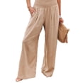 thumbnail image 3 of Pantalones de pierna ancha para mujer, pantalones elásticos de cintura alta, color puro, informales, para citas diarias, playa, marrón, M, 3 of 5