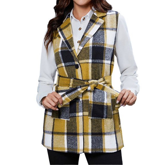 jobturf Plaid Vest for Women Single Breasted Sleeveless Jackets with Belt and Pockets Fall Winter Loose Fit Casual Layering Waistcoat S-2XL