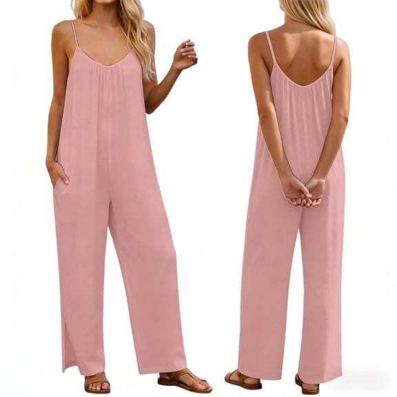 GILIGEGE Women's Adjustable Spaghetti Strap Sleeveless Loose Fit Stretchy Wide Leg Solid Color Long Pant Jumpsuit Romper Overalls with Pockets Boho Casual Summer 2026 One Piece Daily Outfit Pink