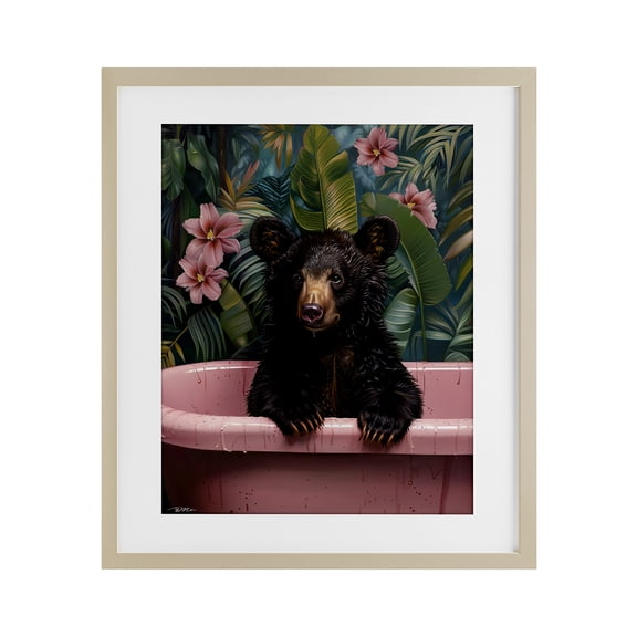 Bruno Bear in Pink Tub Birch Framed Print Under Glass, design by Momart