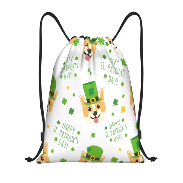 Wukai happy dog. St. Patricks Day Print Drawstring Backpack Bag Sport Gym Sackpack Large Size String Backpack Cinch for Women and Men-Small